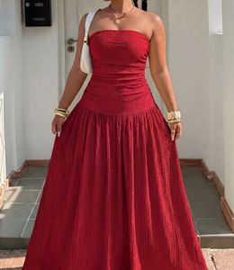 Drop Waist Elegant Red Spaghetti Strap Maxi Dress