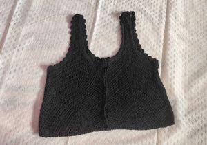 Black Crochet Button-Up Vest Top