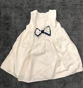 Cream Silk Dress with Navy Bow