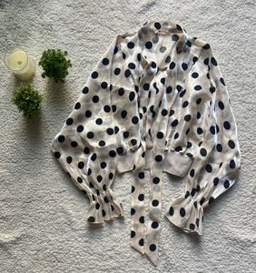 Sheer Polka Dot Tie Neck Crop Top