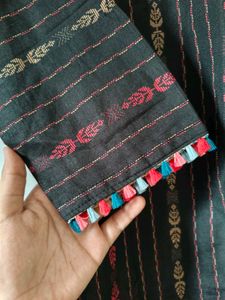 Black Printed Kurta with Tassels
