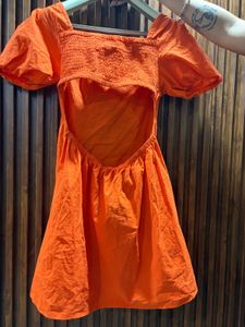 Orange Puff Sleeve Square Neck Dress✨