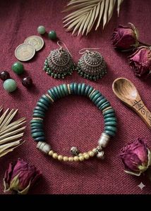 Boho Teal Wood Bracelet & Jhumka Earrings Set