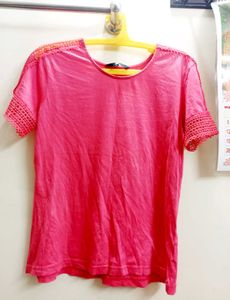 🌸 Pink Crochet Sleeve Top – Size L 🌸