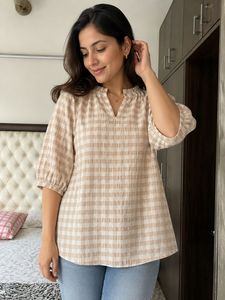 Chic Checkered Top with Ruffled Neck