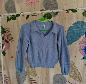 Light Blue Ribbed Collared Sweater