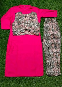 Hot Pink Cotton Kurta Set with Kalamkari Paisley S