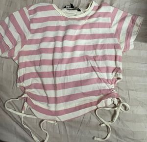 pink white strips cute crop T-shirt womens