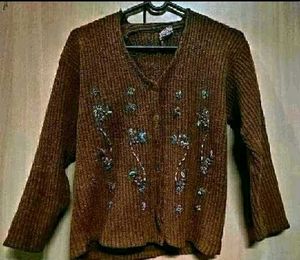 Vintage Brown Floral Beaded Cardigan