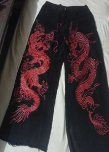 Dragon Embroidered Wide Leg Pants