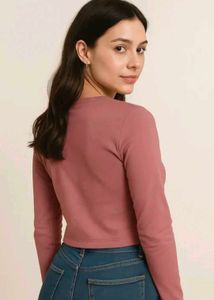 Pink Cropped V-Neck Long Sleeve Top