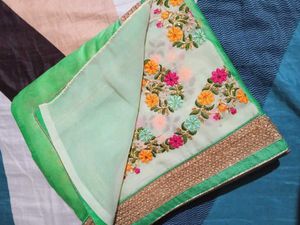 Cream Saree with Embroidered Floral Border
