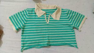 Green &amp; White Striped Crop Top