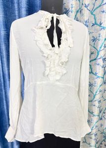Elegant White Ruffled Neck Blouse