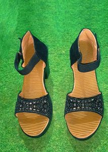 Women's Black Embellished Block Heels
