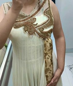 Elegant Cream Anarkali Suit with Golden Embroidery