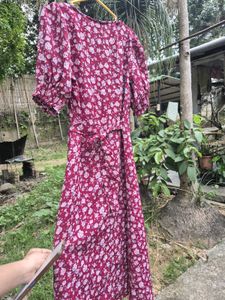 Maroon Floral Print Midi Dress