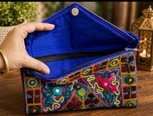 🌸 Phoolwari Indigo Clutch with  Mirror Work