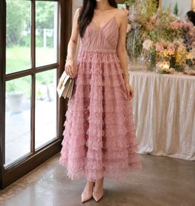 korean Pink Tiered Ruffle Midi Dress