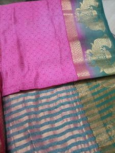 Vibrant Pink &amp; Gold Striped Saree