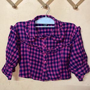 Pink &amp; Navy Gingham Ruffle Top
