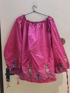 Vibrant Pink Embroidered Off-Shoulder Blouse
