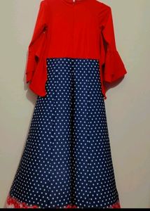 Red &amp; Blue Dotted Print Dress For Girl 12- 14 Year