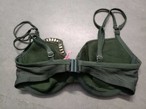 Green Textured Bikini Top with Gold Chain Detail