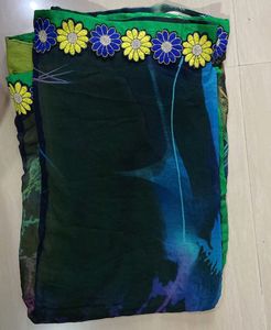Floral Trim Green & Blue Saree