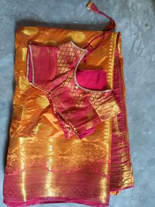 yellow & red banarasi Saree with ready Blouse