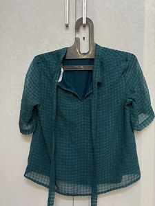 Elegant Teal Checkered Sheer Blouse
