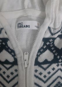White/black Hooded Zipper Sweater For Girls