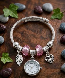 Charm Watch Bracelet with Pink Beads