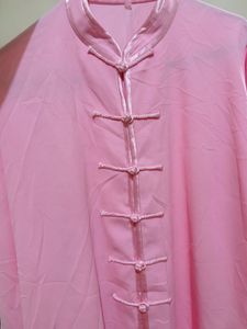 Pink Mandarin Collar Frog Button Shirt