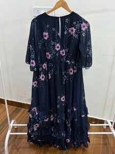 Indigo blue Floral Ruffle hem Midi Dress