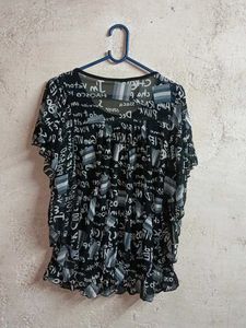 Sheer Graphic Print Ruffle Top Oversized