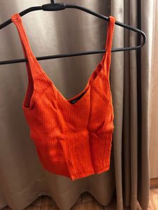 Orange Ribbed V-Neck Tank Top