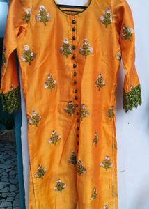 Yellow Kurta Set with Green Pants &amp; Dupatta