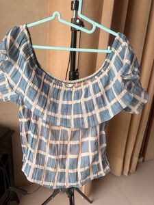 Blue &amp; White Checkered Off-Shoulder Top