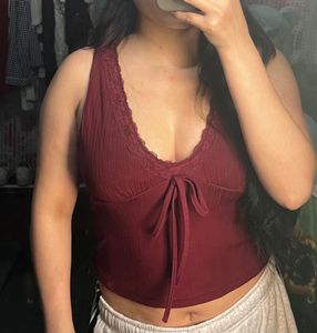 Burgundy Lace Trim Tank Top