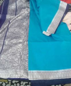 Beautiful Blue Saree with Silver thread Work