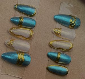 Sparkling Blue &amp; Gold Press-On Nails