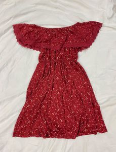 Maroon Floral Off-Shoulder Dress