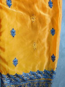 Yellow Saree with Blue Embroidery
