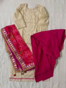 🆕Beige & Pink Embroidered Kurta Set with Dupatta