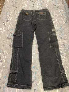 Dark Wash Cargo Pants with Drawstring Waist