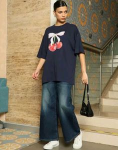 Shein drop shoulder Navy Cherry Print T-shirt