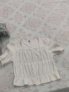 White Textured Square Neck Puff Sleeve Top