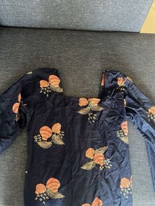 Yellow and Blue Floral Print Kurta  (set of 2)