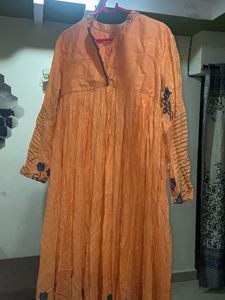 Orange Embroidered Cotton Kurta